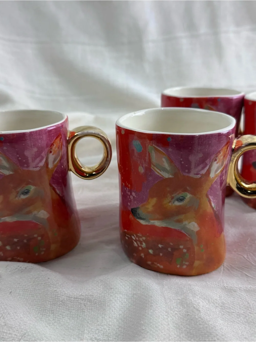 Anthropologie Deer Ceramic Mug Set in Pink and Red